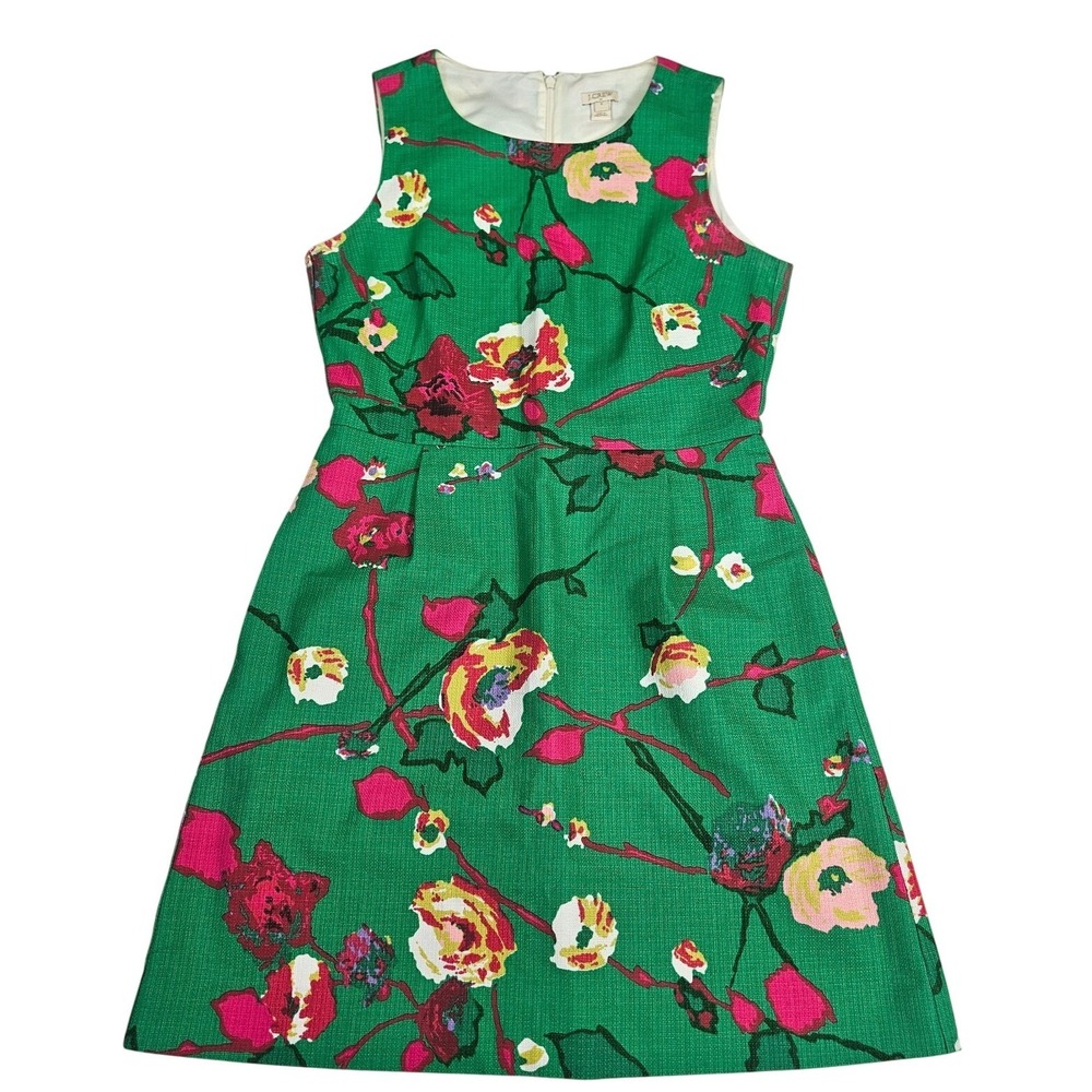 J.Crew Sheath Dress Sz 6 Green Floral Cotton Pleated Lined Sleeveless Gardencore